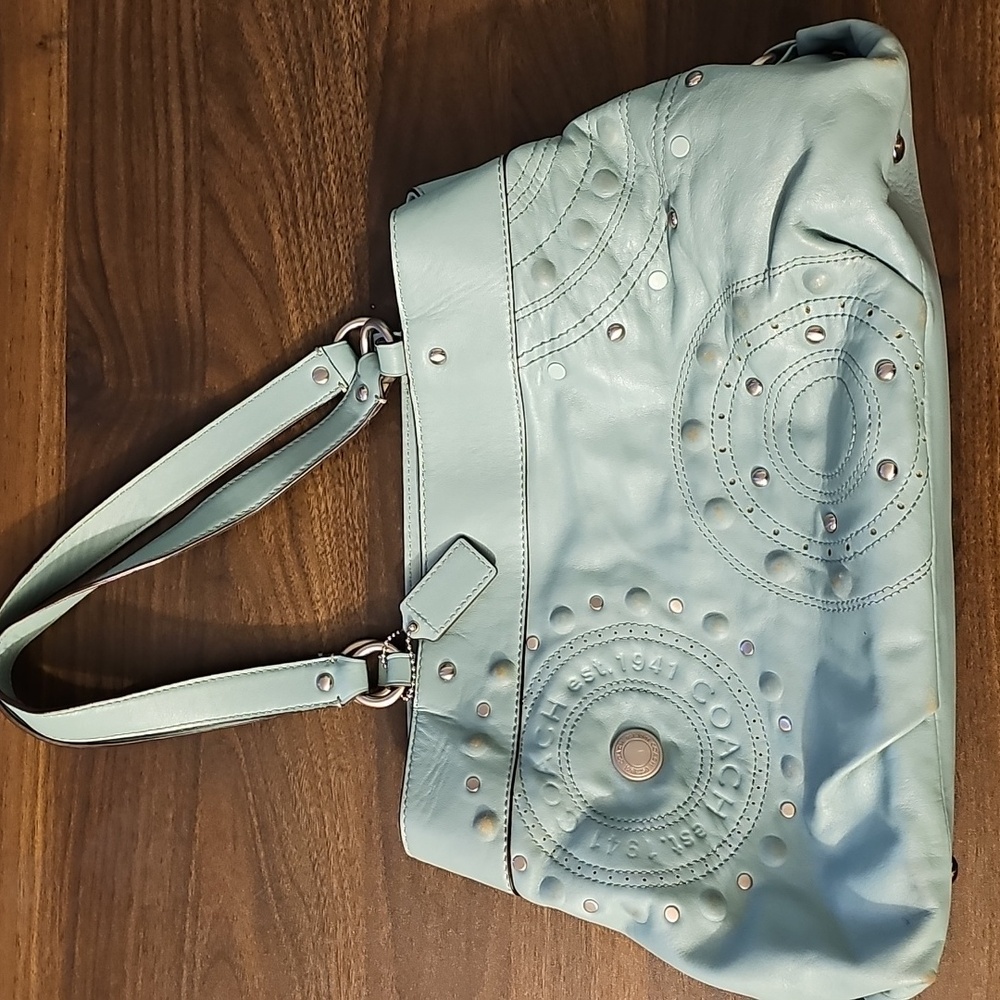 COACH STUDDED APPLIQUÉ AQUA LEATHER CARRYALL SHOULDER HANDBAG